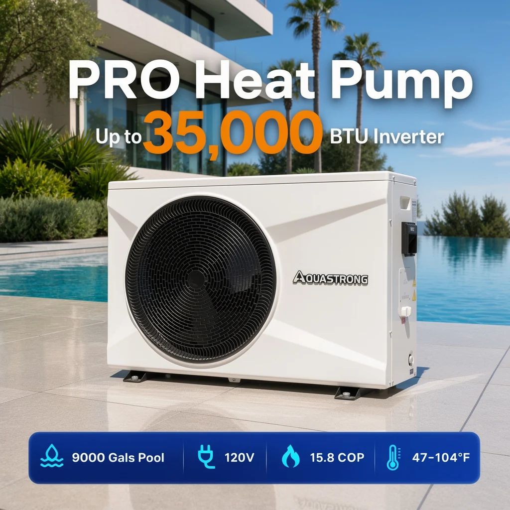 Aquastrong PRO inverter heat pump, up to 35,000 BTU: for pools up to 9,000 gallons, 120V, 15.8 COP, heats 47–104°F