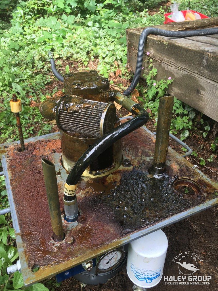 Endless Pools hydraulic power unit with a heavily rusted reservoir plate and oily, contaminated fluid from a leaking submerged motor